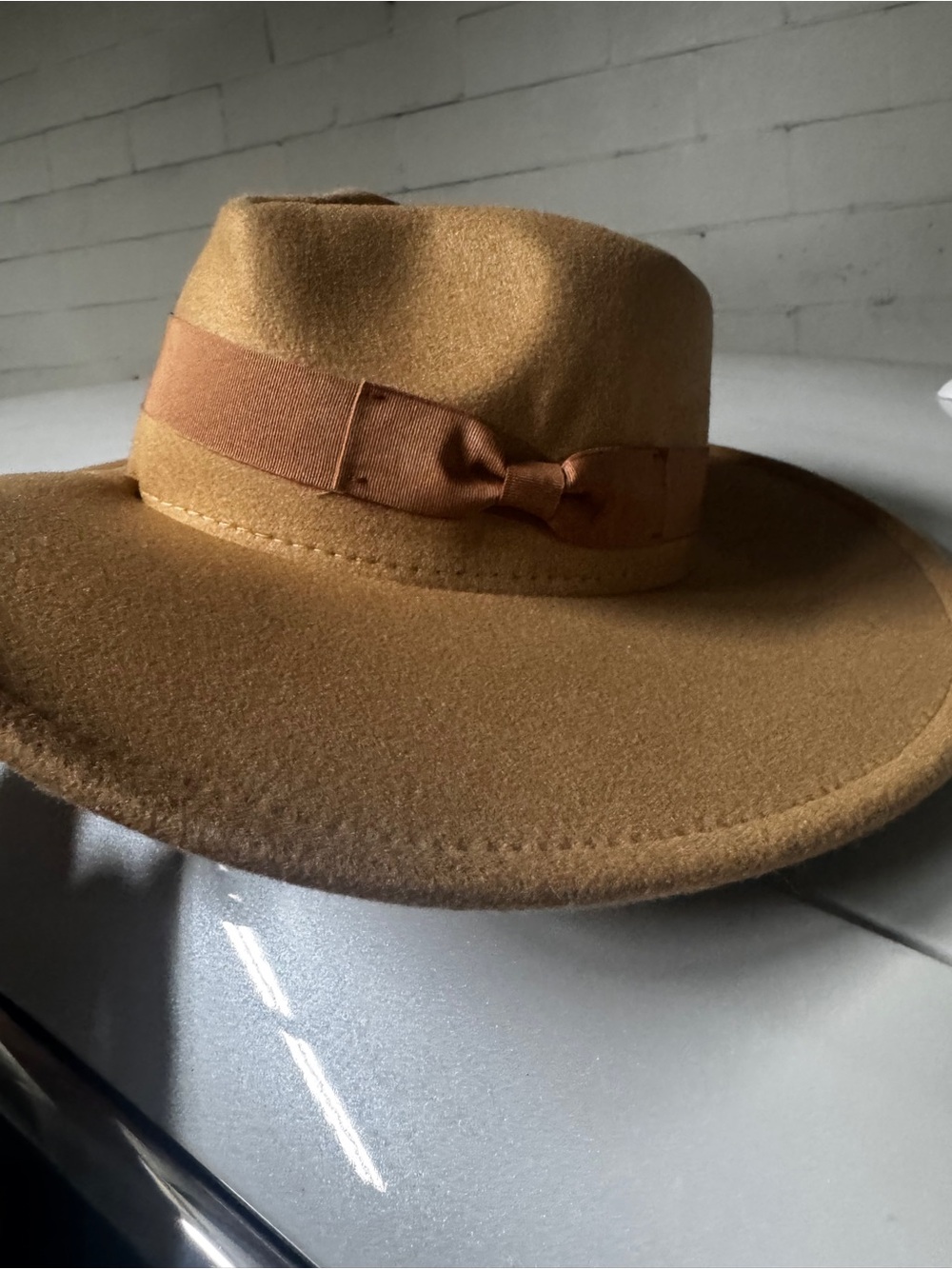 Classic Camel Felt Wide-Brim Hat with Ribbon Trim
